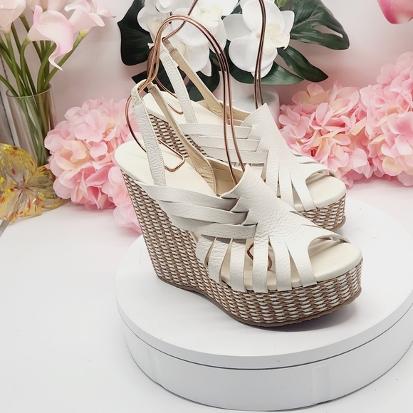 💋NEW💋JIMMY CHOO Perdita Leather Raffia Wedge Sandals - Picture 8 of 14